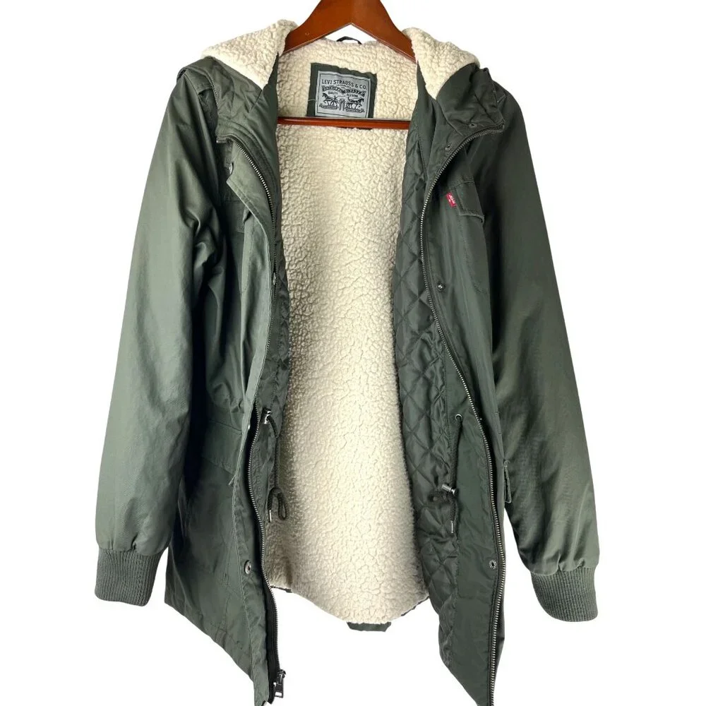 Grunge Levi Strauss & Co Hooded Sherpa Lined Army Green Jacket, Women's Medium - Picture 5 of 16